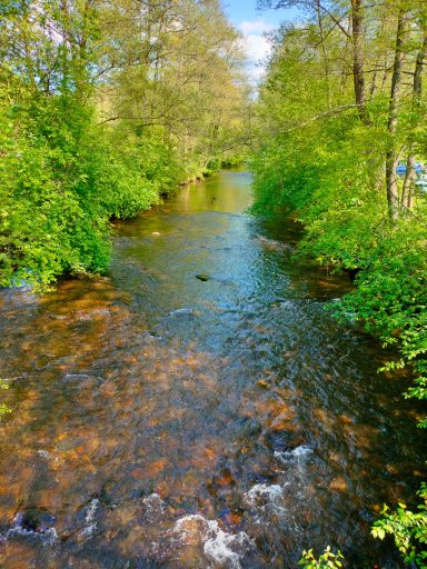 Über einen kleinen Fluß geht´s zum See